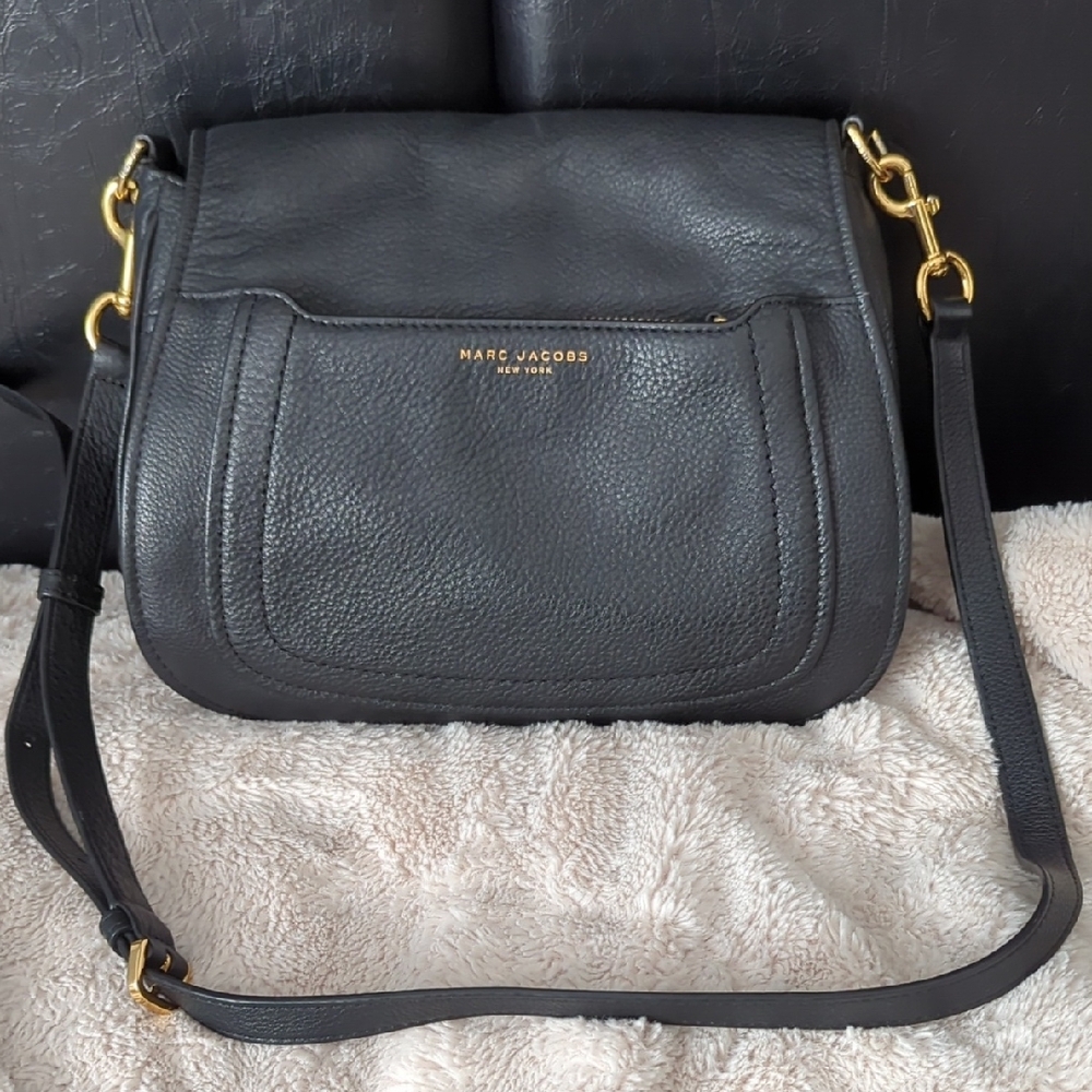 Marc Jacobs Black Crossbody Bag with Adjustable Strap and Gold Accents